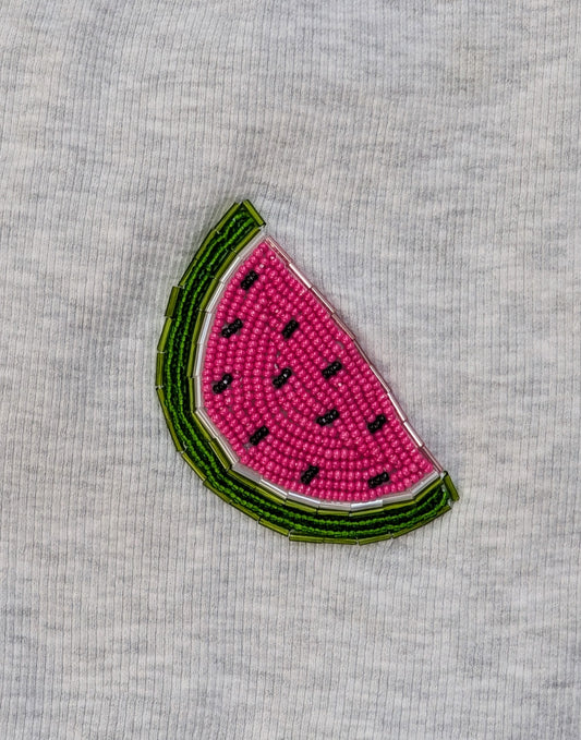 Hand-Beaded Upcycled Tank Top: Watermelon on Heather Gray