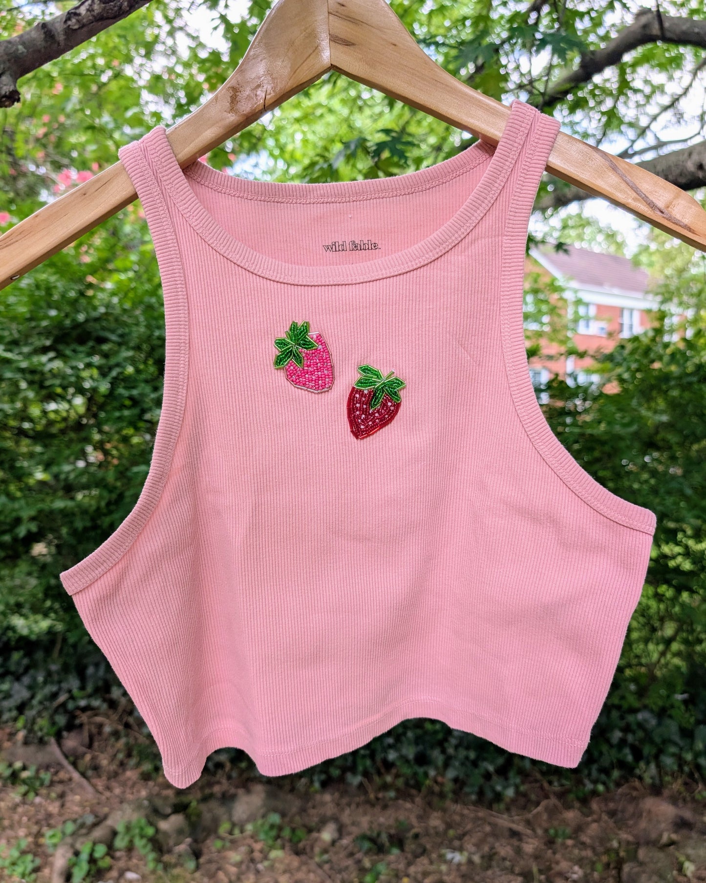 Hand-Beaded Upcycled Tank Top: Strawberries on Pink