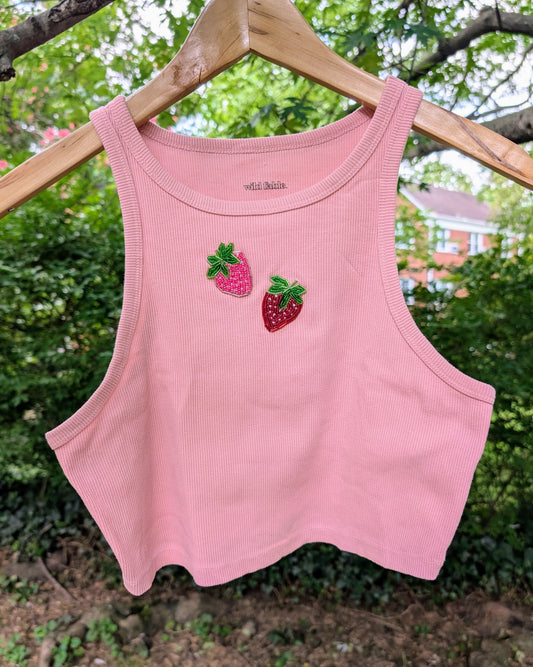 Hand-Beaded Upcycled Tank Top: Strawberries
