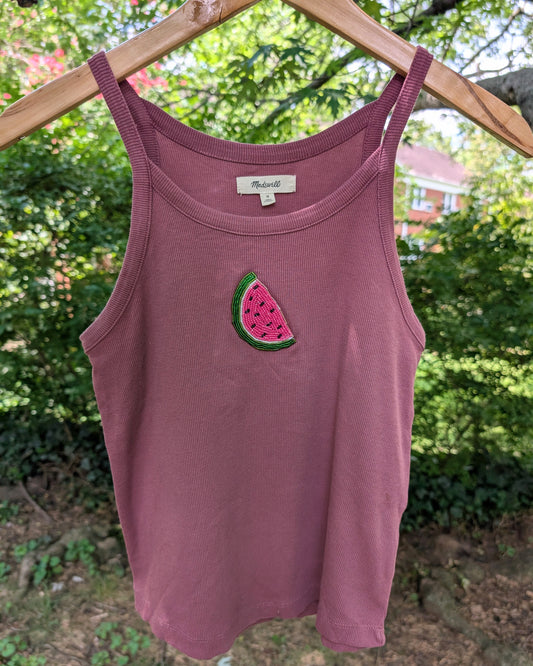 Hand-Beaded Upcycled Tank Top: Watermelon on Maroon