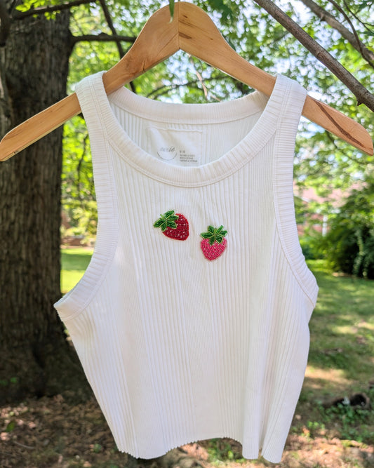Hand-Beaded Upcycled Tank Top: Strawberries on White