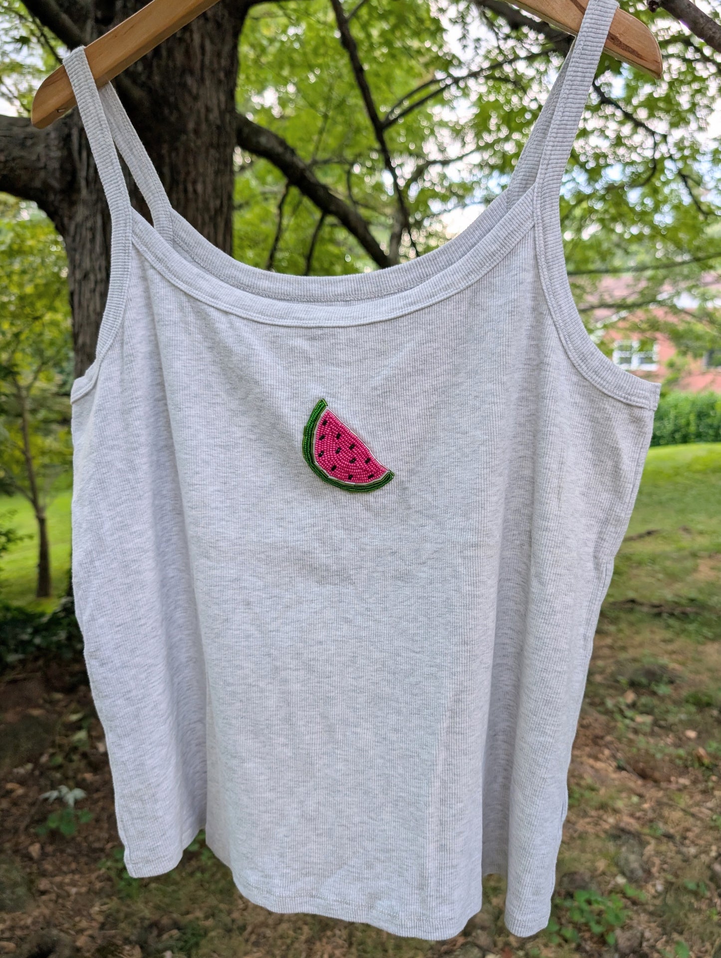 Hand-Beaded Upcycled Tank Top: Watermelon on Heather Gray