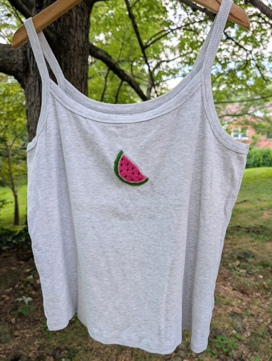 Hand-Beaded Upcycled Tank Top: Watermelon on Heather Gray